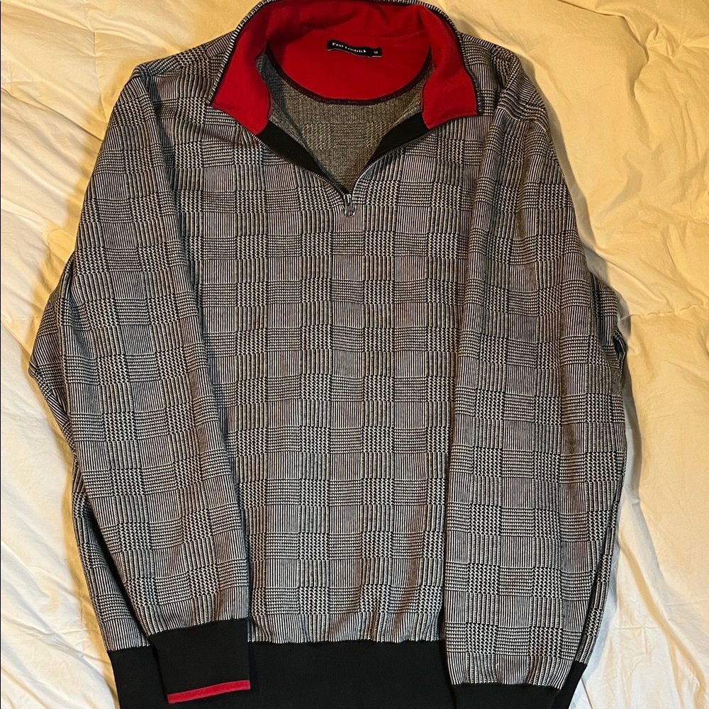 Paul Fredrick Gray and Red Checkered Zip-Up Sweater